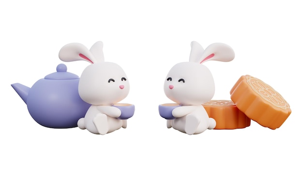 Feliz festival de mediados de otoño con conejo lindo y pastel de luna celebraciones tradicionales en renderización 3d asiática