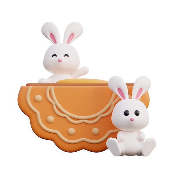 Feliz festival de mediados de otoño con conejo lindo y pastel de luna celebraciones tradicionales en renderización 3d asiática