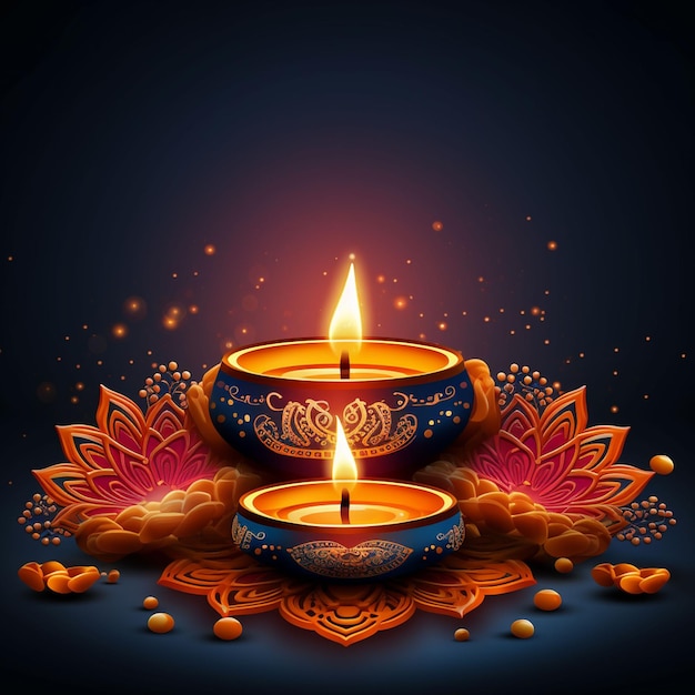 Foto feliz fiesta de diwali con decoración de lámparas de aceite diya