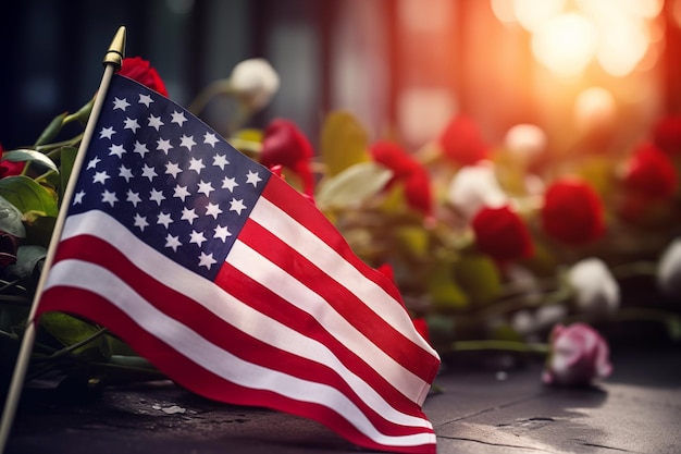 Feliz fiesta estadounidense decoraciones celebrando es el día de los veteranos día conmemorativo rosas bandera de Estados Unidos ai