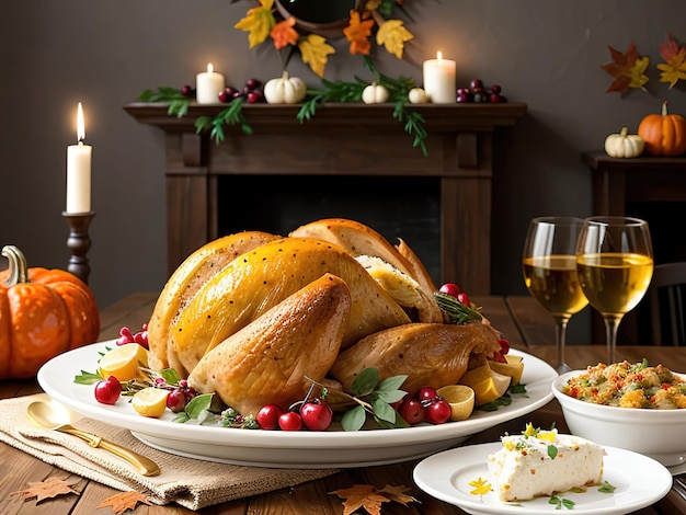 Feliz fiesta del festival de la cosecha de Acción de Gracias pavo asado o pollo están en la mesa Servir festivo con platos tradicionales Concepto de comida tradicional para las vacaciones de otoño