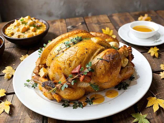 Foto feliz fiesta del festival de la cosecha de acción de gracias pavo asado o pollo están en la mesa servir festivo con platos tradicionales concepto de comida tradicional para las vacaciones de otoño