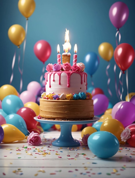 Feliz fiesta de pastel de cumpleaños con velas, globos, confeti colorido