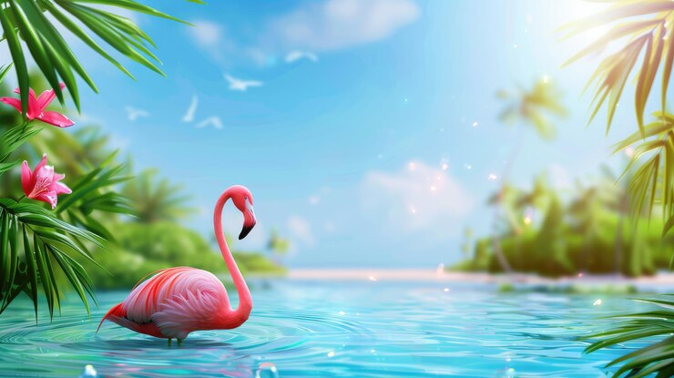 Feliz flamenco inflable yendo a la piscina concepto de vacaciones de verano