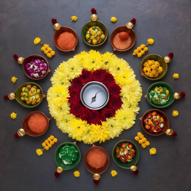 Feliz flor de Diwali rangoli con dulces o mithai y diya en cuencos para Diwali o cualquier otra fiesta