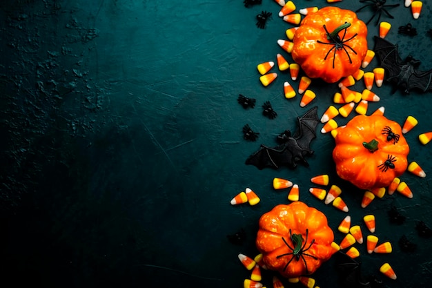 Feliz fondo azul de Halloween con calabazas, murciélagos, arañas y maíz dulce Borde de marco con espacio de copia