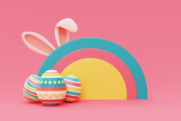 Feliz fondo colorido de Pascua con huevos de pascua y orejas de conejoCelebración internacional de primaveraestilo minimalistarenderizado en 3dxA