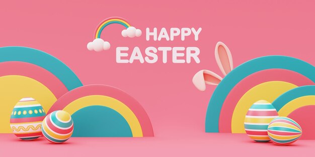 Feliz fondo colorido de Pascua con huevos de pascua y orejas de conejoCelebración internacional de primaveraestilo minimalistarenderizado en 3dxA