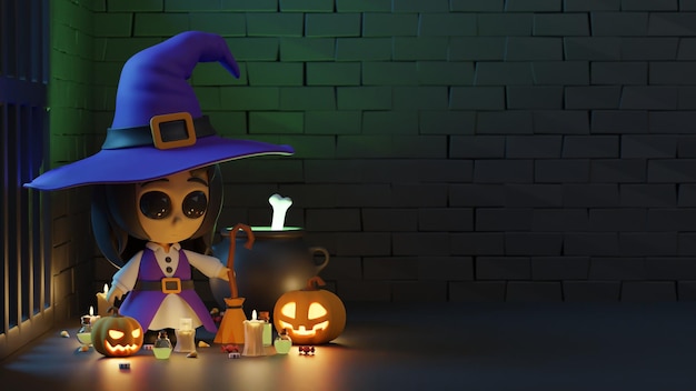 Feliz fondo de halloween con calabazas de brujas y adornos de halloween Representación 3D