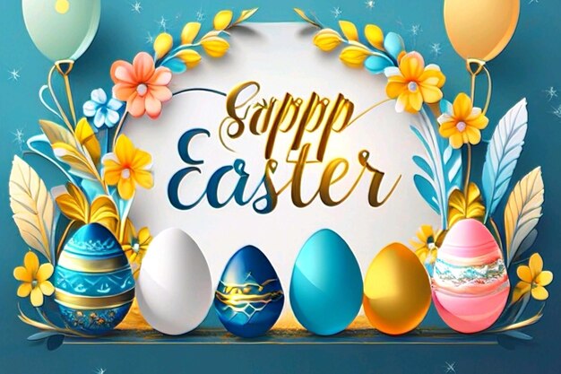 Feliz fondo de letras de Pascua con huevos decorados con brillo dorado realista