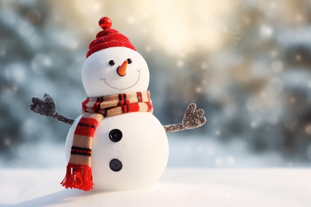 Feliz fondo de muñeco de nieve de Navidad en la escena de la nieve de invierno con fondo borroso