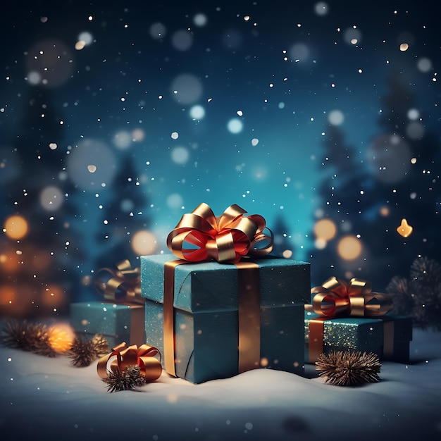 Feliz fondo de Navidad con caja de regalos y nieve