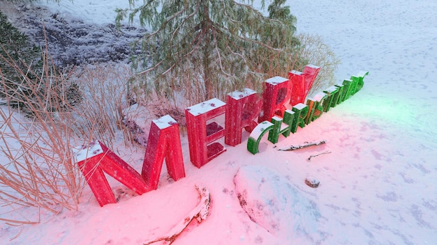 Feliz fondo navideño con pino y nieve. Representación 3D de ilustración