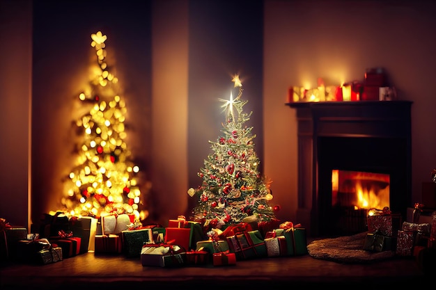 Foto feliz fondo navideño con regalo junto al árbol de navidad en una habitación decorada con chimenea ilustración digital