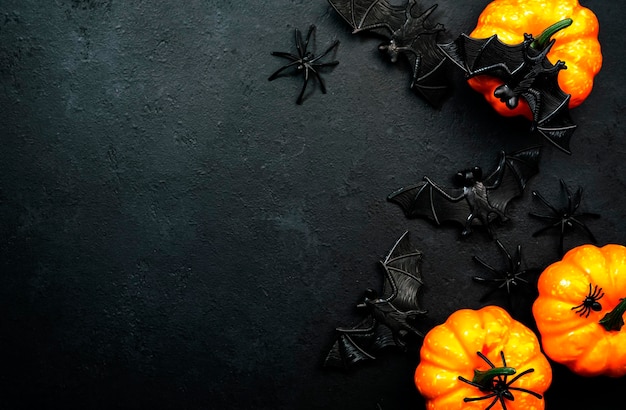 Feliz fondo negro de Halloween con calabazas, murciélagos, arañas con espacio de copia