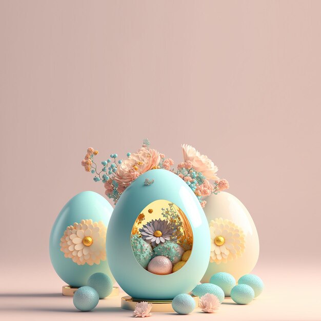 Feliz fondo de Pascua con flores y huevos de Pascua en 3D