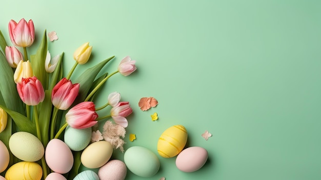 Feliz fondo de tarjeta de vacaciones de pascua con tulipanes y huevos decorativos en varios colores