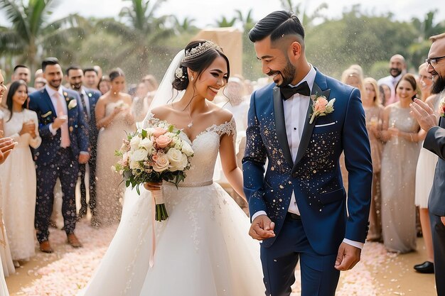 Foto feliz fotografía de boda de la novia y el novio en la ceremonia de boda tradición de boda salpicada con arroz y grano