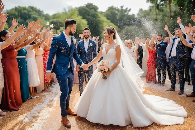 Foto feliz fotografía de boda de la novia y el novio en la ceremonia de boda tradición de boda salpicada con arroz y grano