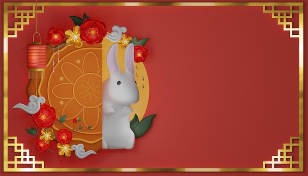 Feliz fundo da lua cheia do festival do meio do outono conceito de flor vermelha chinesa da celebração do festival chinês gong xi fa cai ilustração de renderização 3D