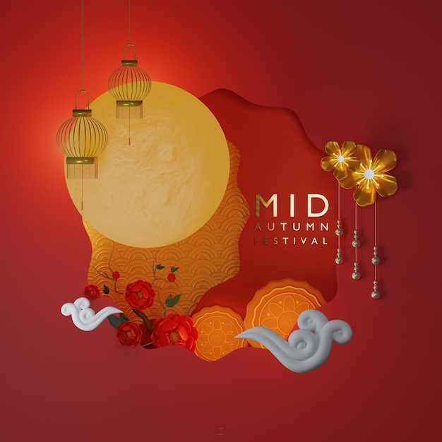 Feliz fundo da lua cheia do festival do meio do outono conceito de flor vermelha chinesa da celebração do festival chinês gong xi fa cai ilustração de renderização 3D