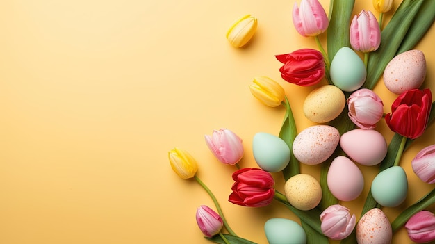 Feliz fundo de celebração do feriado da páscoa com tulipas e ovos decorativos