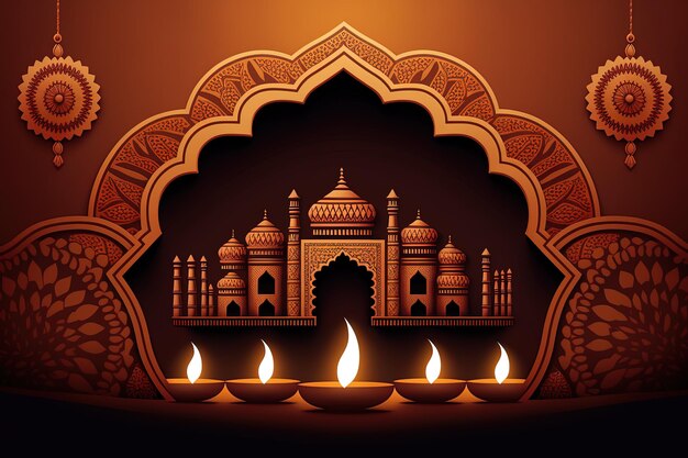 Feliz fundo de Diwali com velas e diyas gerados pela IA