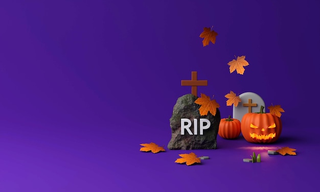 Feliz fundo de Halloween com abóbora e túmulo Copie a ilustração de renderização 3d do texto do espaço