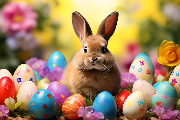 Feliz fundo de Páscoa com ovos e coelho