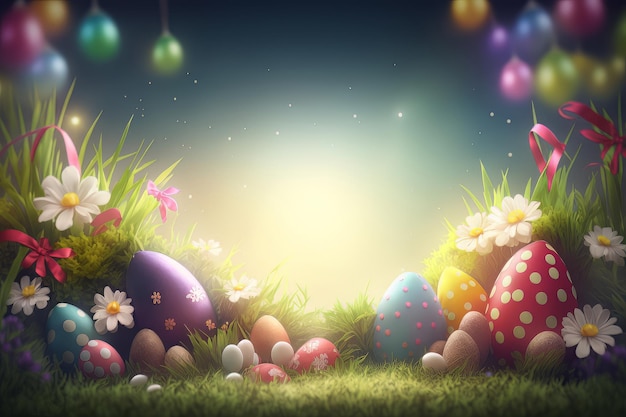 Feliz fundo de saudação de Páscoa com ilustração de ovos coloridos AI Generative