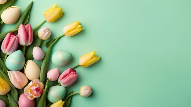 Feliz fundo de saudação de Páscoa com tulipas e ovos decorativos