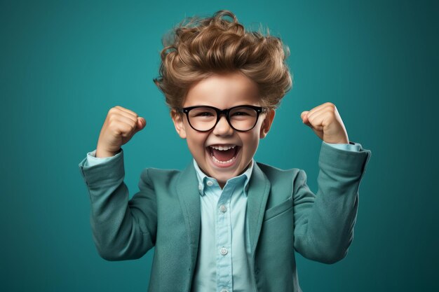 feliz ganador niño de escuela aislado en fondo azul celebra nuevo éxito energía de poder Sí