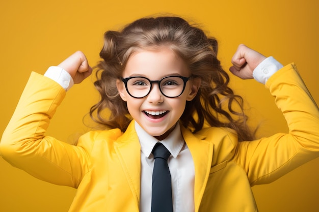 feliz ganadora escolar aislada en fondo amarillo celebra nuevo éxito energía de poder Sí