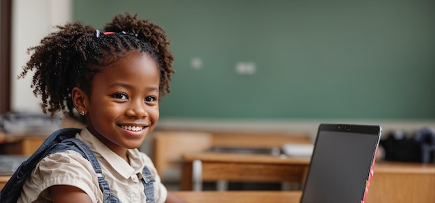 Feliz garota afro-americana na escola com laptop