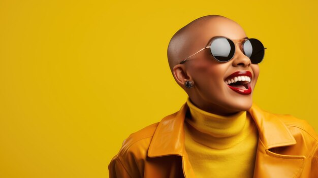 Feliz garota careca negra emocional em roupas amarelas em um fundo amarelo