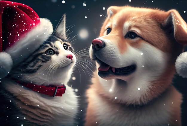 Feliz gato e cachorro na fantasia de Papai Noel com luz bokeh e fundo de flocos de neve Animal e conceito de dia de Natal Generative AI