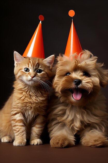 Feliz gato e cachorro usando chapéu de festa para celebração de aniversário festiva com Copy Space Vertical