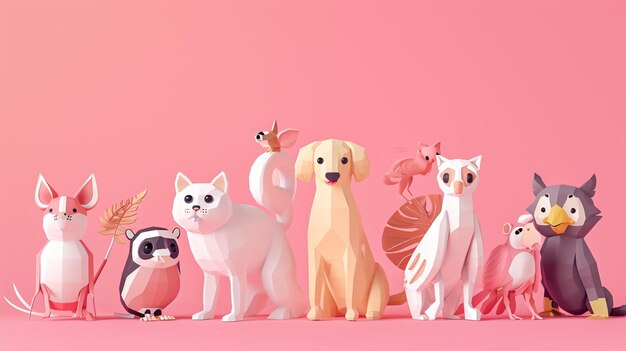 feliz gato lindo perro pájaro hámster mono en fondo rosado el día de las mascotas generativa IA