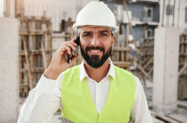 Feliz gerente de construção falando no smartphone