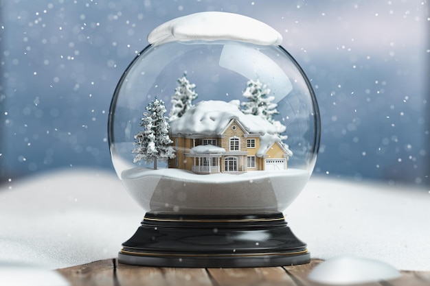 Foto feliz globo de nieve de navidad con una casa en el fondo de la nieve de invierno