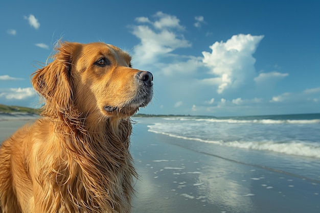 Feliz golden retriever en la playa