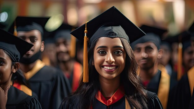 Feliz graduada india contra el fondo de los graduados universitarios generativo Ai