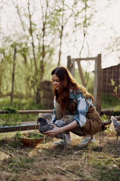 Foto la feliz granjera trabaja en su casa de campo en el corral de pollos y los examina para comprobar la salud de los pollos jóvenes foto de alta calidad