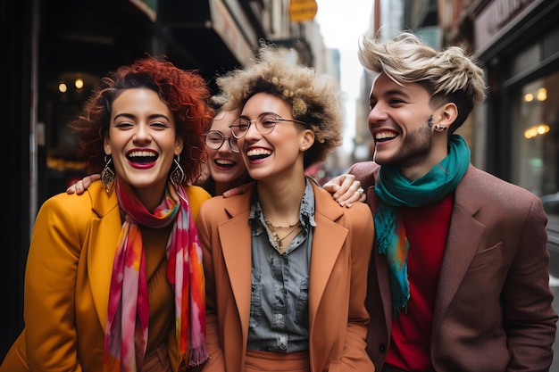 Feliz grupo de amigos de moda sonriendo mientras camina por la ciudad Concepto de estilo de vida de amistad