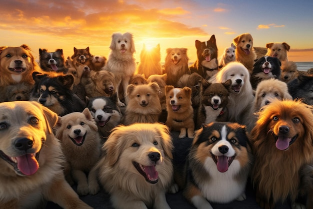 Feliz grupo de cães olhando para a câmera e sorrindo