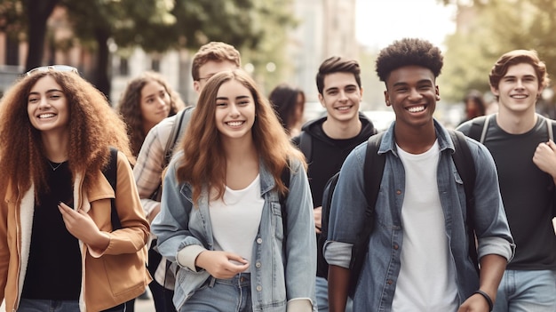 Feliz grupo de estudantes na universidade do campus Generative AI