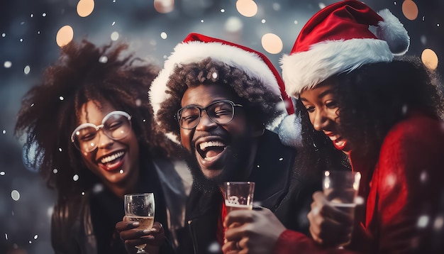 feliz grupo de multiétnicos se divertindo na festa de noite de Natal com chapéu de Papai Noel