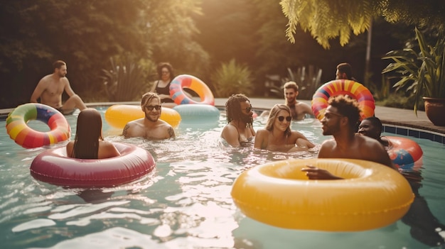 Un feliz grupo diversificado de amigos que tienen una fiesta en la piscina utilizando anillos de natación en una piscina en el patio trasero IA generativa