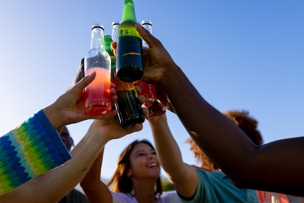 Feliz grupo diversificado de amigos festejando, bebendo cerveja e fazendo torradas no jardim. Estilo de vida, amizade e festa, verão, sol, inalterado.