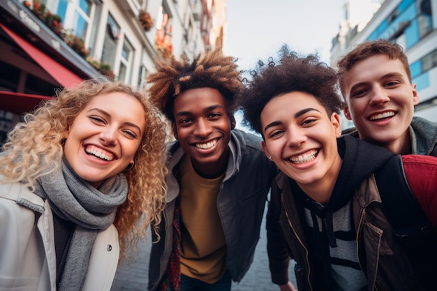 Feliz grupo de jóvenes sonriendo a la cámara al aire libre